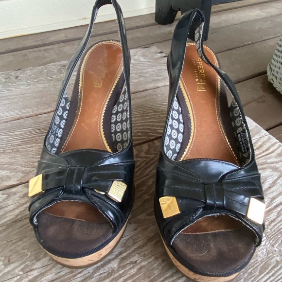 SPERRY TOPSIDER SOUTHAMPTON patent leather cork wedge slingback front bow shoes - Picture 2 of 6